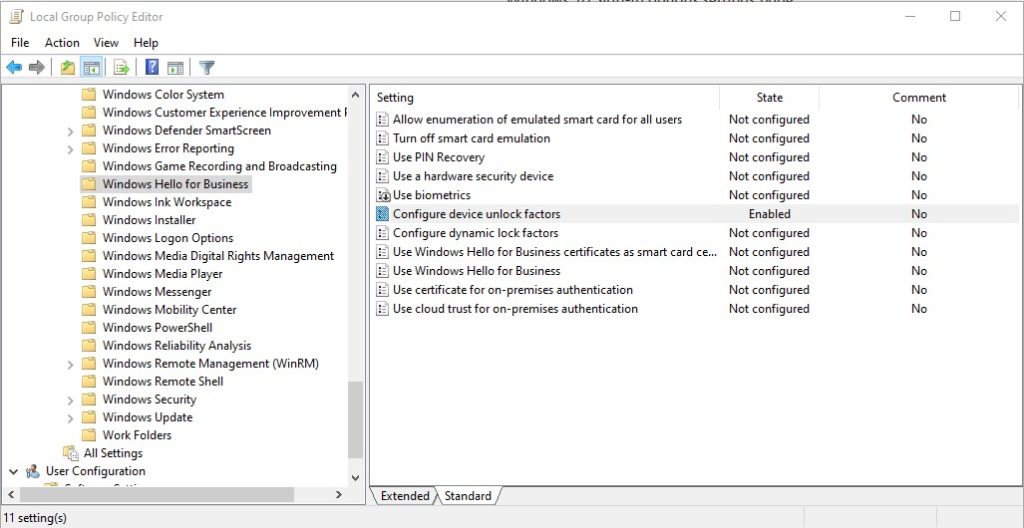 Screen shot of the MFA Unlock settings page in the Windows Local Group Policy editor