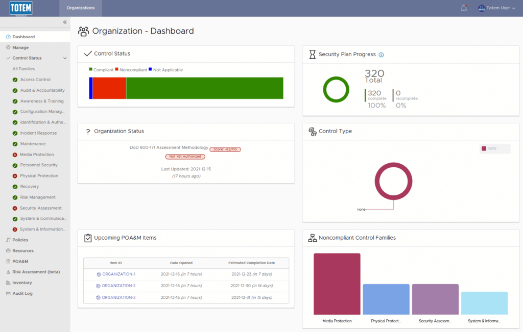 Totem Cybersecurity Compliance Maganagement Tool Dashboard
