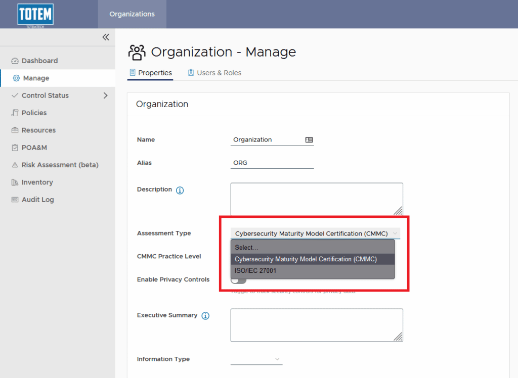 CMMC Assessment Type toggle dropdown