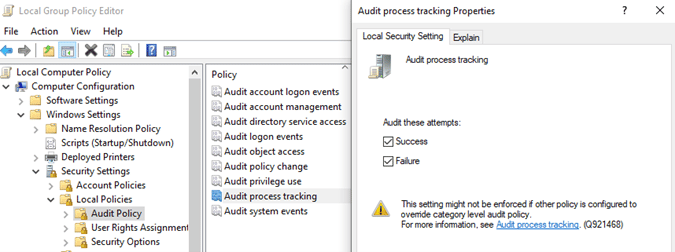 Screenshot showing enabled audit process tracking to support sysmon