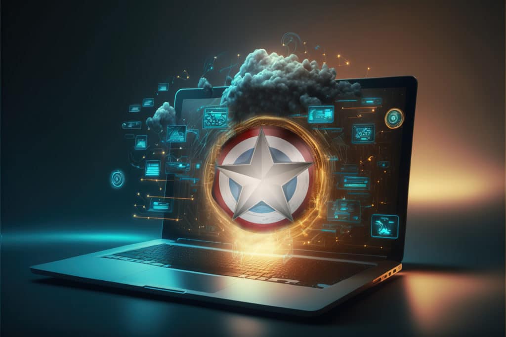 A laptop with the Captain America logo on the screen as an analogy for Security Configuration Settings for CMMC compliance