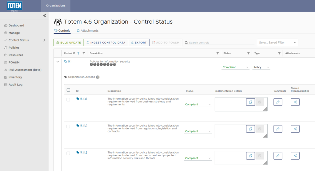 ISO 27001 updates within Totem tool for CMMC compliance