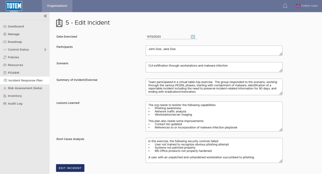 Recording an incident response tabletop exercise in Totem 5.0 for CMMC