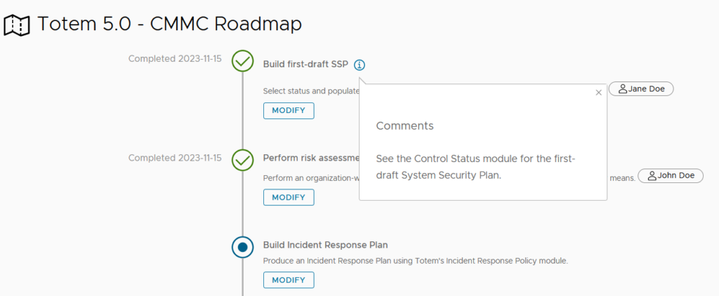 Completing a CMMC Roadmap step in Totem