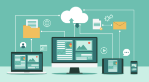 loud computing technology network with computer monitor, laptop, tablet, and smartphone, Online devices upload