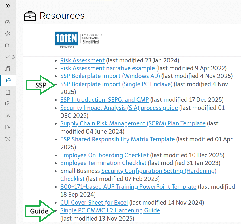 Screenshot showing the Totem™ resources page with the downloadable single PC hardening guide and SSP template.