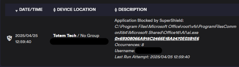 A screenshot of PC Matic's block notification of ai.exe.