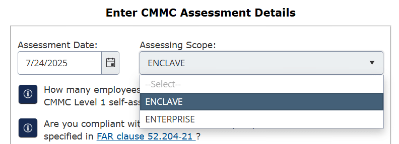 SPRS screenshot showing the CMMC Enclave reporting option