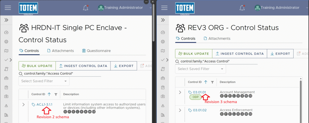 Screenshot showing differences between 800-171 revision 2 and 3 Control ID schema