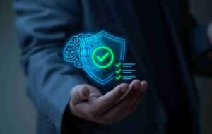 A figurative image of a shield, brain, and AI text hovering above a hand, representing AI policy management.